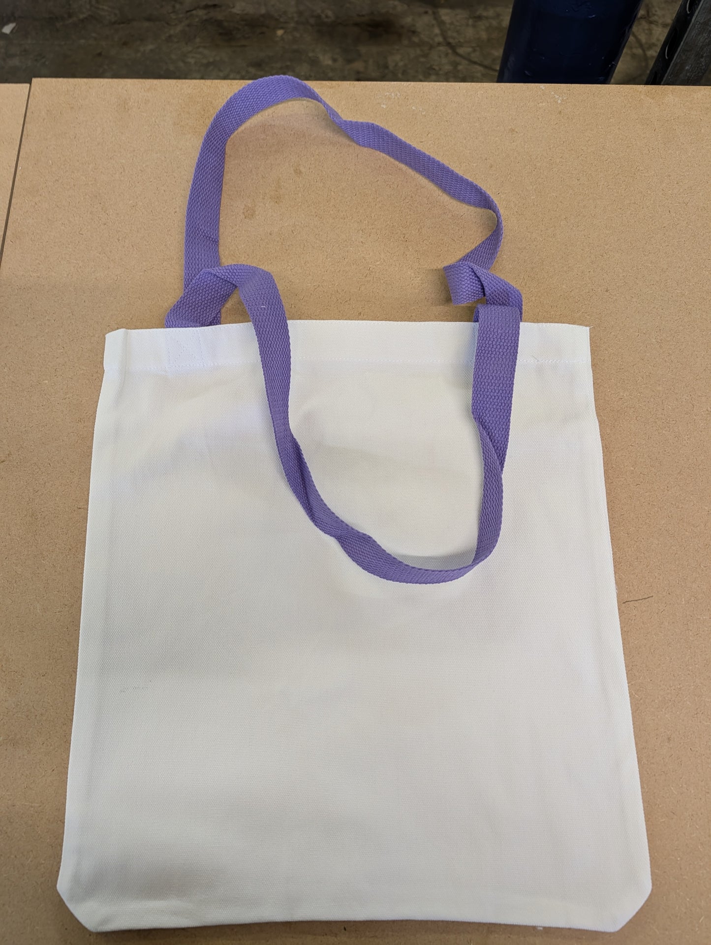 white canvas style tote bag with Lavender (Purple) Handles