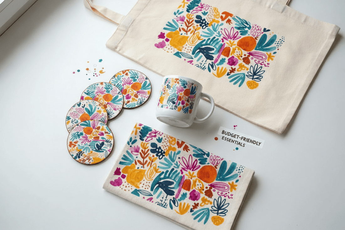  Artist merch bundle featuring custom printed coasters, Durham-style mug, tea towel, and tote bag with coordinated artwork
