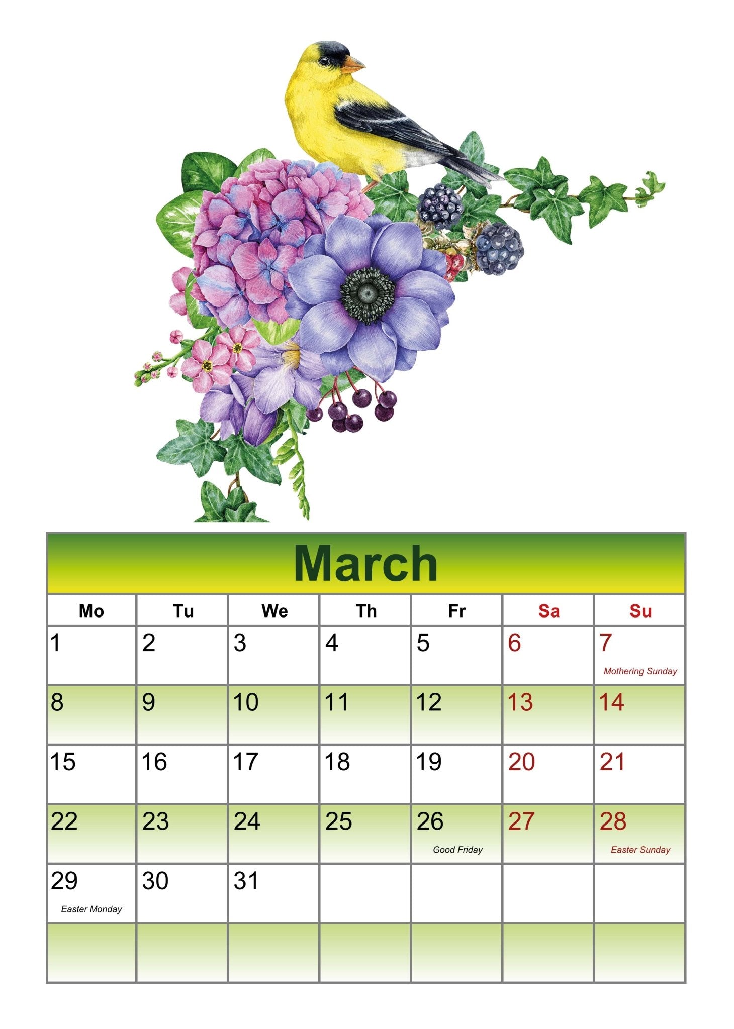 A4 wall calendar 2027 - Design1 - Green - artcoasterprinting