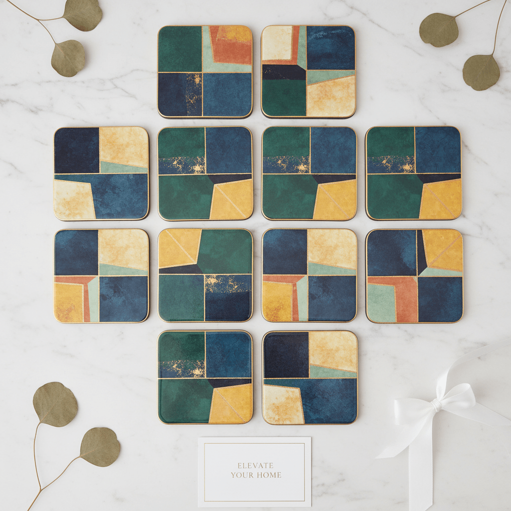 Flat lay arrangement of multiple square glossy coasters