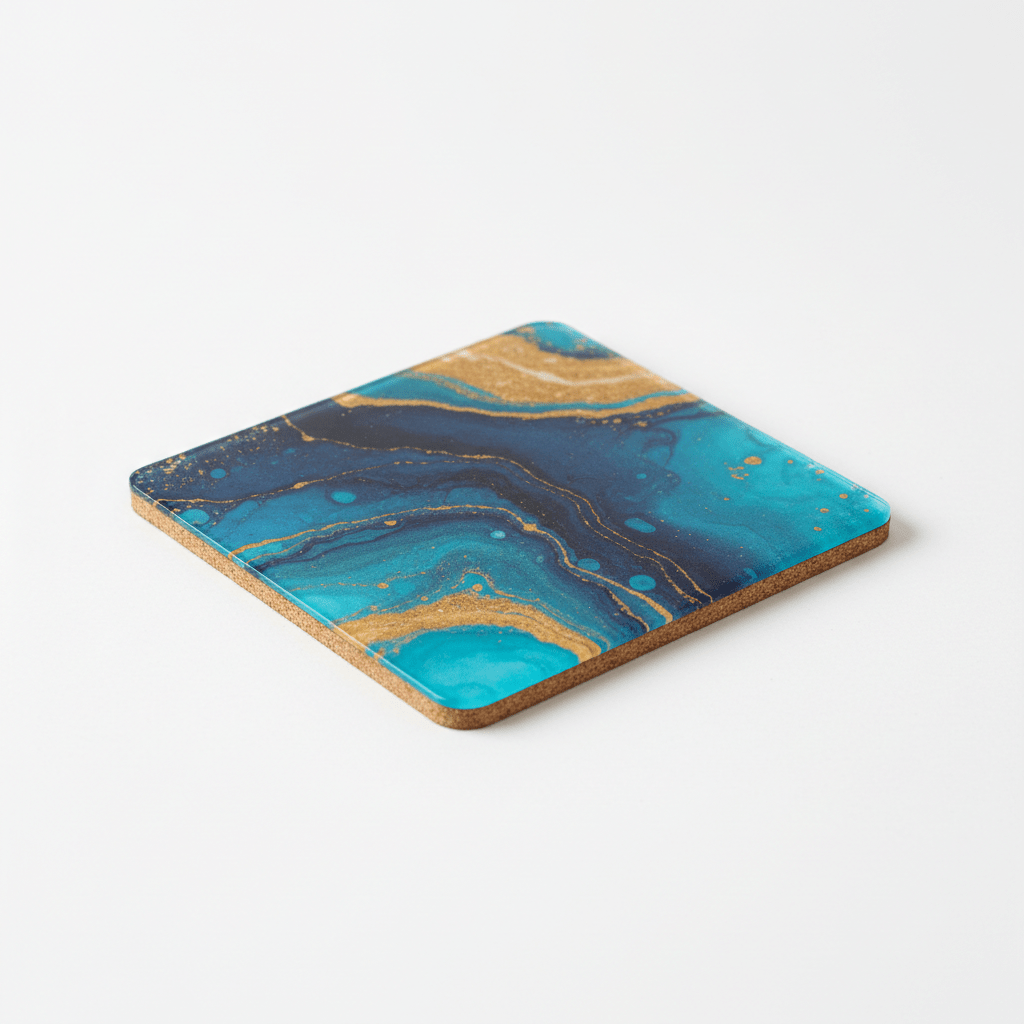 Professional studio shot of 9cm square glossy coaster with lighter backing board