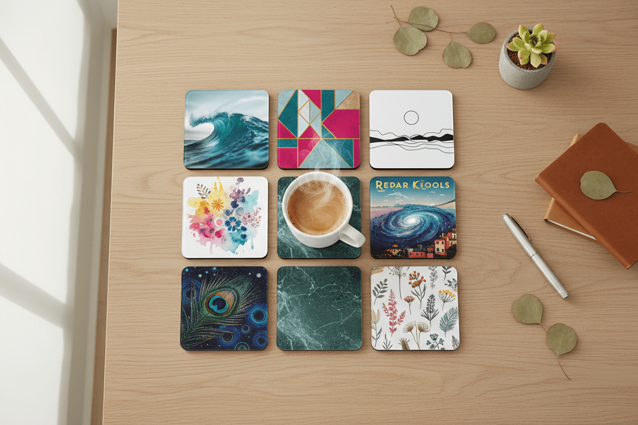 Custom printed 9cm square glossy coasters with artwork on a light wood surface with a ceramic mug