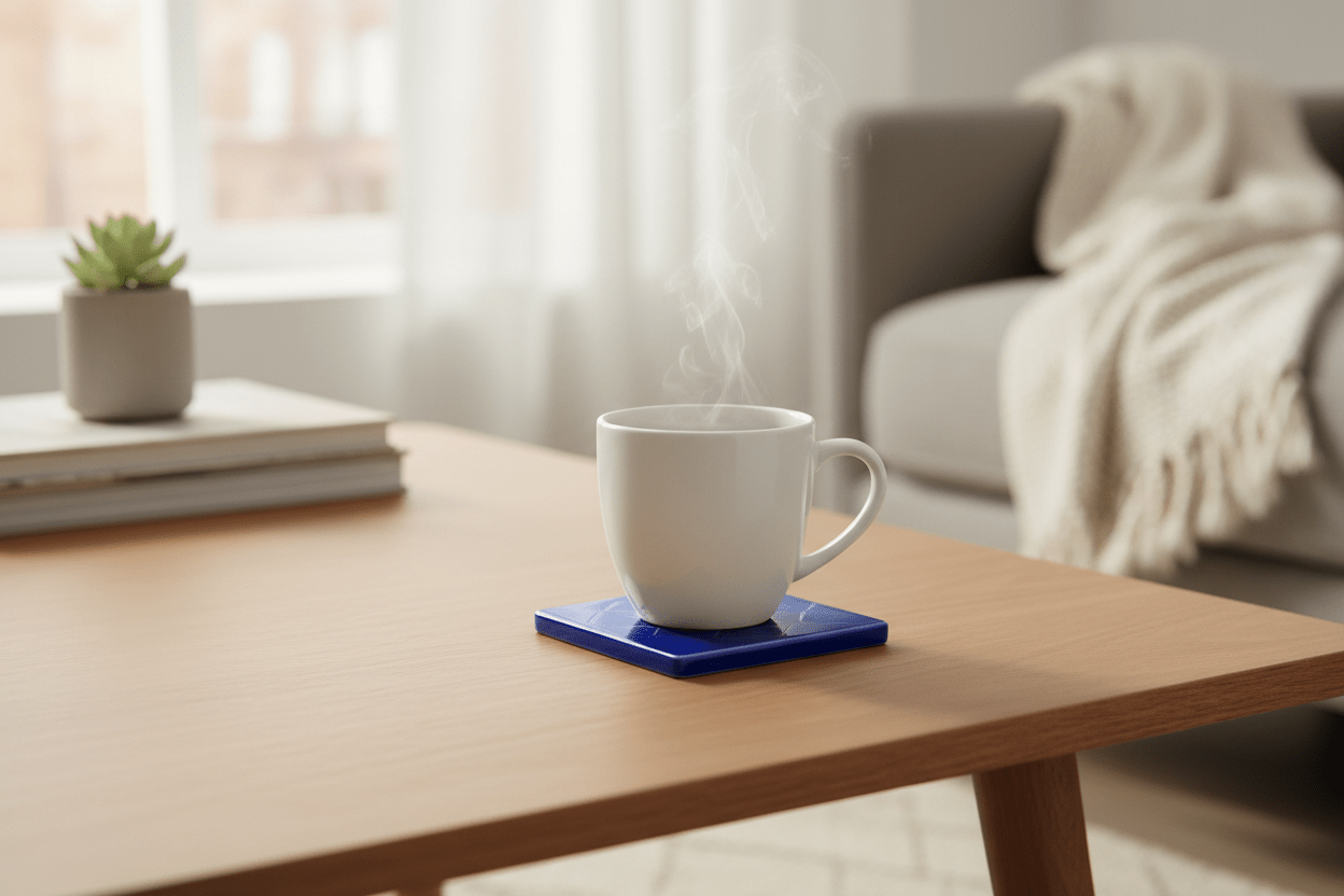 Lifestyle image of square glossy coaster in use with coffee cup on modern table