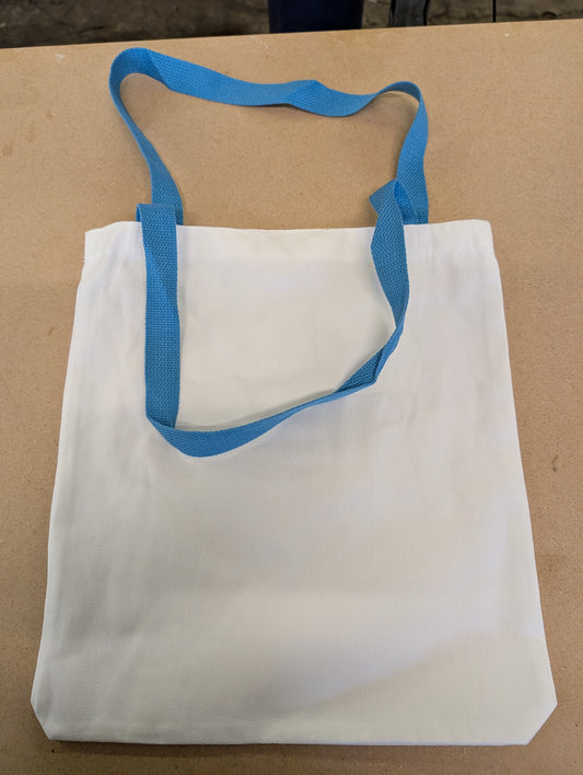 white canvas style tote bag with light blue Handles