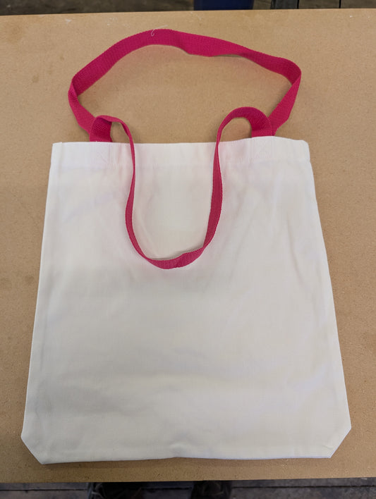 white canvas style tote bag with dark pink Handles
