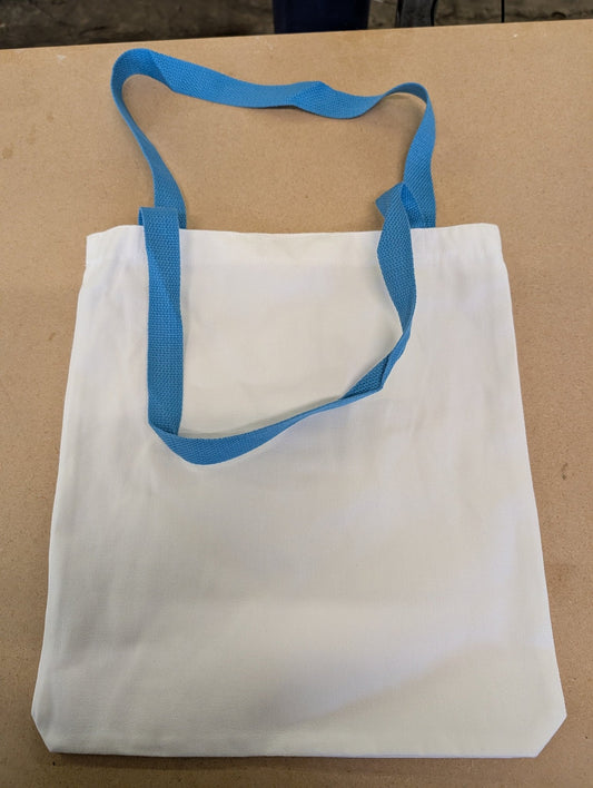 white canvas style tote bag with light blue Handles - artcoasterprinting